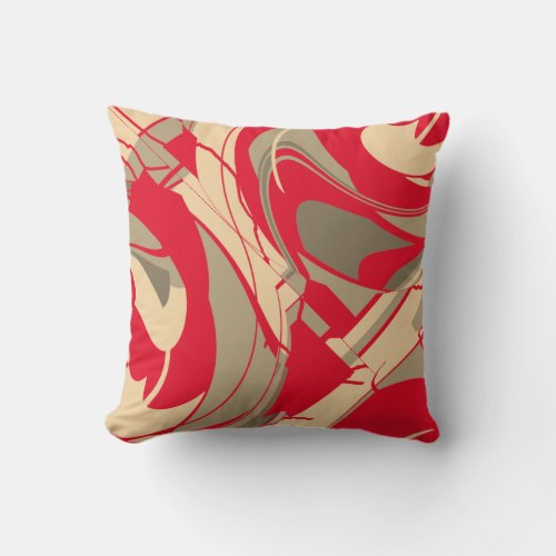 Swirling Bright Red Beige Taupe Floral Diagonal Throw Pillow