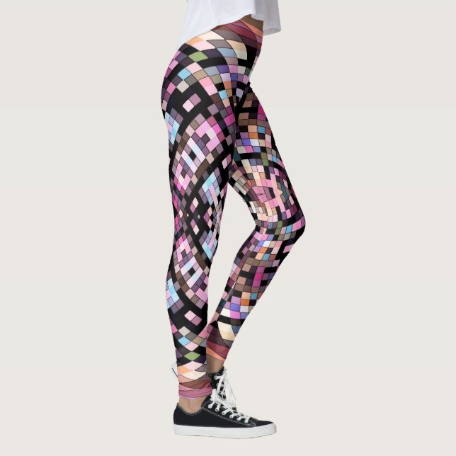 Swirling Checkerboard Abstract in Black, Pink Leggings (Right)