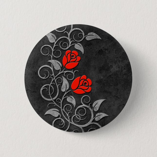 Swirling Dark Stone Red Roses Button (Front)