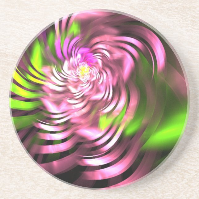 Swirling Green and Pink Ribbons Sandstone Coaster (Front)