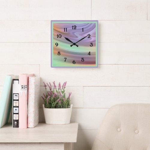 Swirling Paints in Purple Mint Green and Peach Square Wall Clock