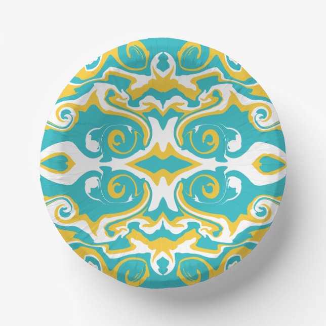 Swirling Pattern in Turquoise and Yellow Paper Bowls (Front)