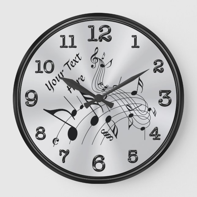 Swirling Personalized Music Note Clock, YOUR TEXT Large Clock (Front)