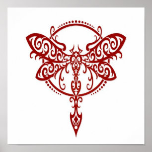 Swirling Red Dragonfly on White Poster