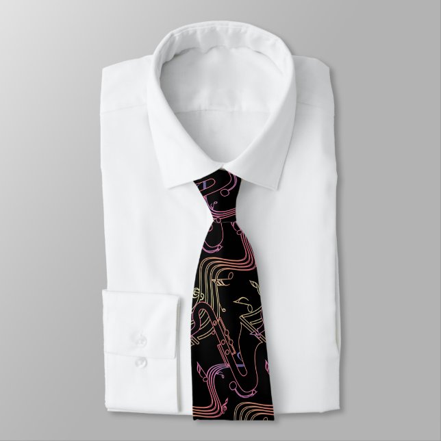 Swirling Saxophone Psychedelic Jazz Tie (Tied)