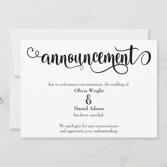 Swirling Script Canceled Wedding Announcement (Front)