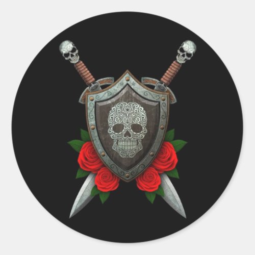 Swirling Sugar Skull Shield and Swords with Roses Classic Round Sticker