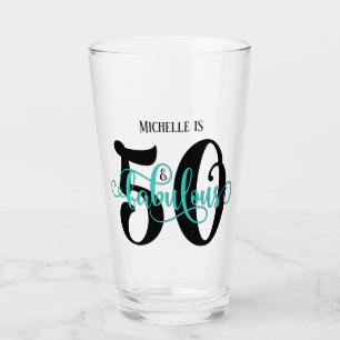 Swirling Teal 50 & Fabulous Birthday with Name Glass