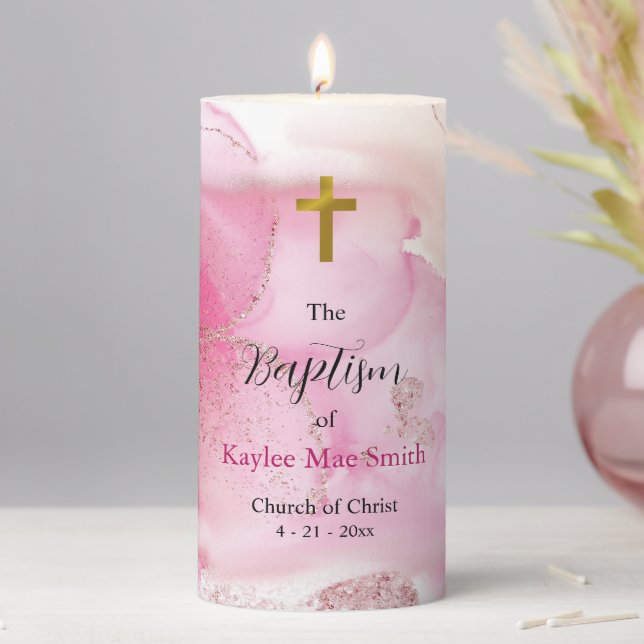 Swirling & Twirling Pink Clouds Baptism  Pillar Candle (In Situ)