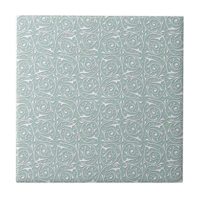 Swirling Vines in Pale Sage Green and White Ceramic Tile (Front)
