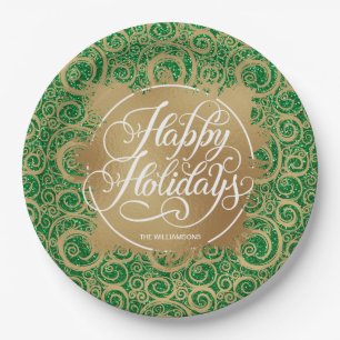 Swirls and Gold Faux Foil Holiday Christmas Green Paper Plates