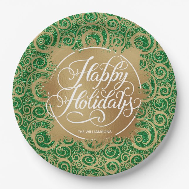Swirls and Gold Faux Foil Holiday Christmas Green Paper Plates (Front)