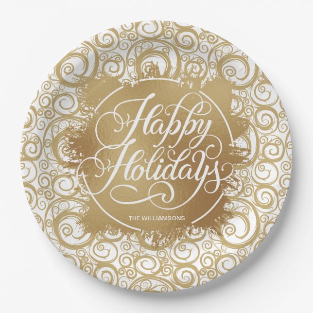 Swirls and Gold Faux Foil Holiday Christmas Paper Plates (Front)