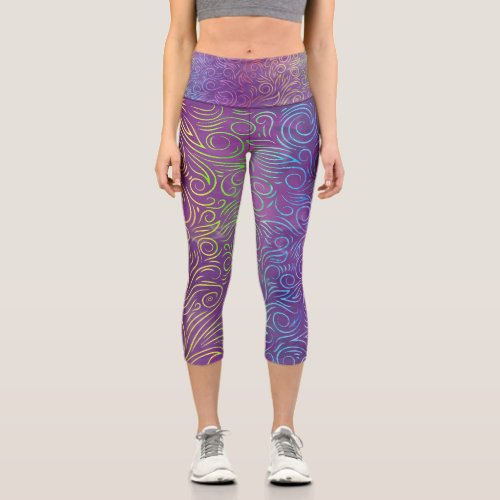 Swirls and Leaves _ Very Violet Capri Leggings