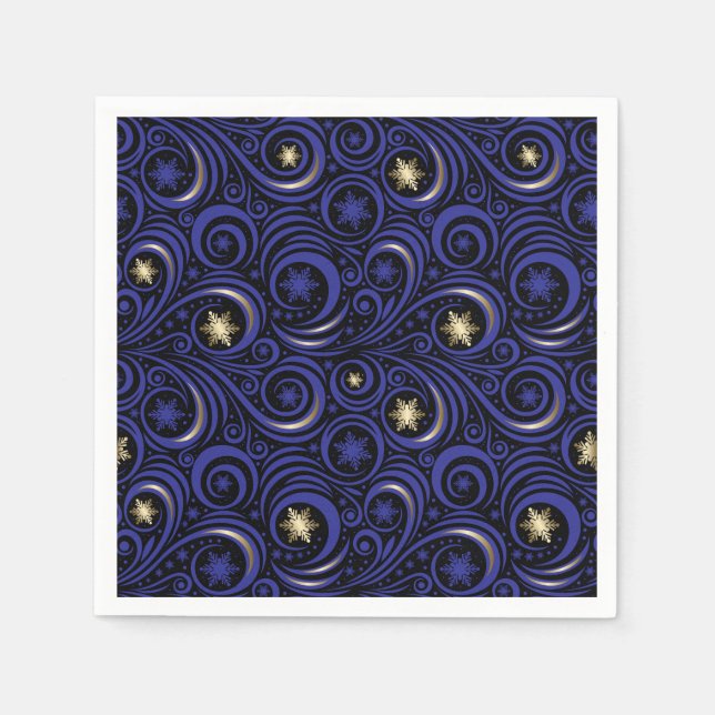 Swirls and Snowflakes Blue and Gold Napkins (Front)