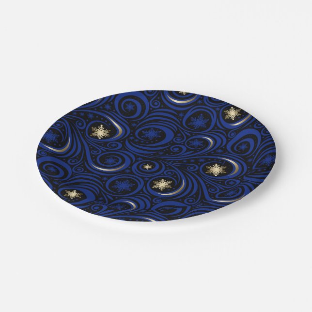 Swirls and Snowflakes Blue and Gold Paper Plates (Angled)
