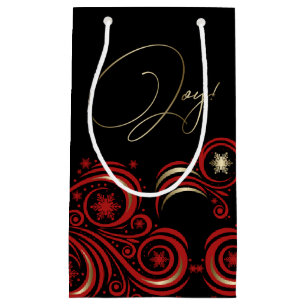 Swirls and Snowflakes Border Red and Gold JOY Small Gift Bag