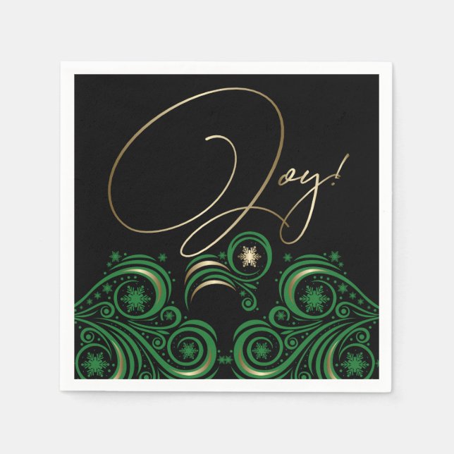 Swirls and Snowflakes Gold and Green Joy Napkins (Front)