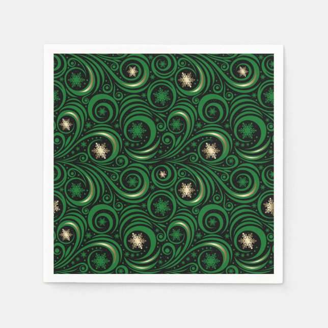 Swirls and Snowflakes Gold and Green Napkins (Front)