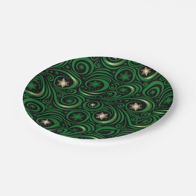 Swirls and Snowflakes Gold and Green Paper Plates (Angled)