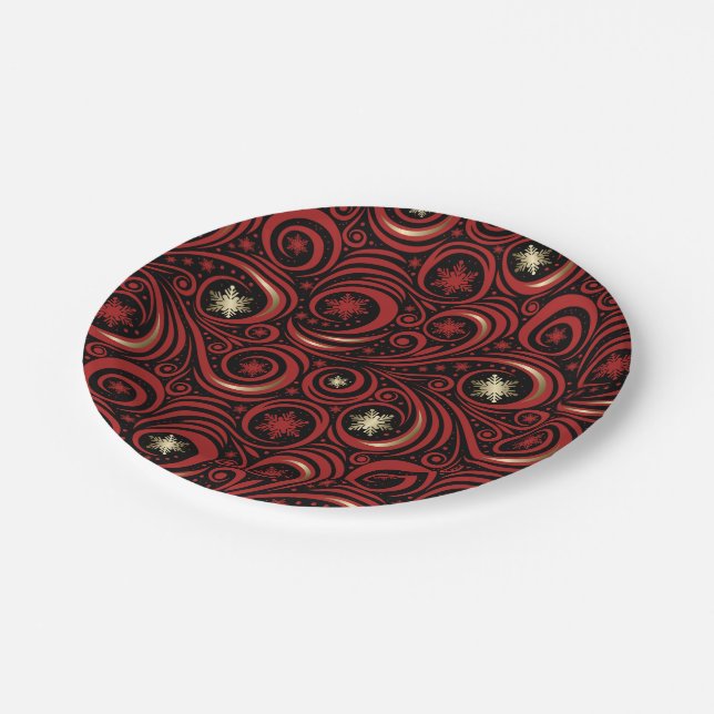 Swirls and Snowflakes Red and Gold Paper Plates (Angled)