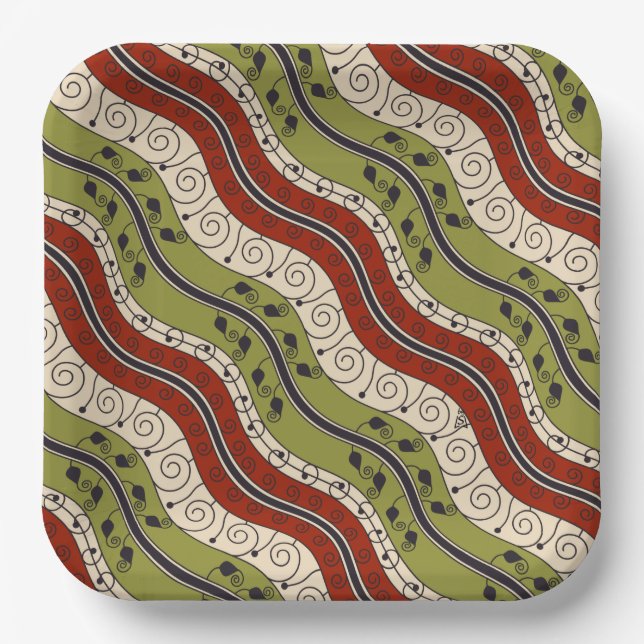 Swirls and Waves in Red, Green and Cream Paper Plates (Front)