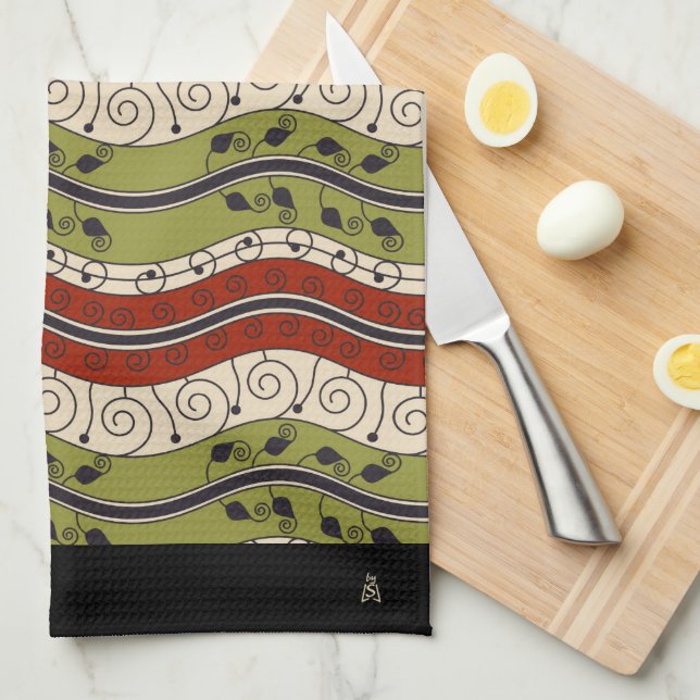 Swirls and Waves in Red, Green + Cream (Monogram) Kitchen Towel (Quarter Fold)
