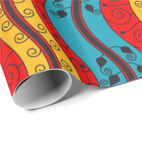 Swirls and Waves in Red Turquoise and Yellow Wrapping Paper
