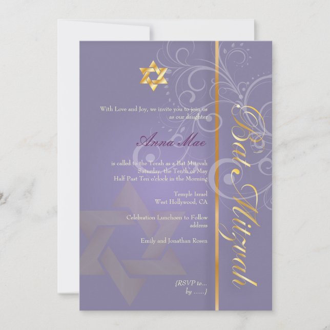 Swirls Bat Mitzvah/purple/gold Invitation (Front)