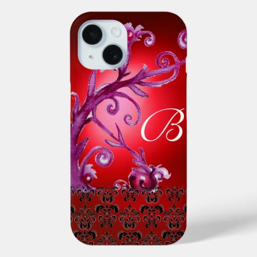 SWIRLS BERRIES DAMASK MONOGRAM pink black red iPhone 15 Case