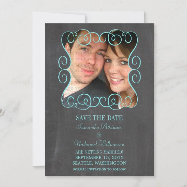 Swirls Chalkboard Photo Save the Date Invite (Front)
