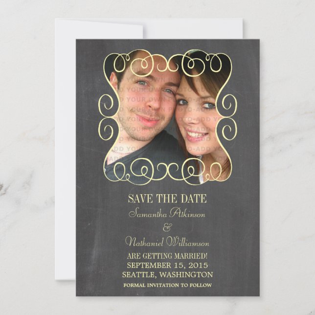 Swirls Chalkboard Photo Save the Date Invite (Front)