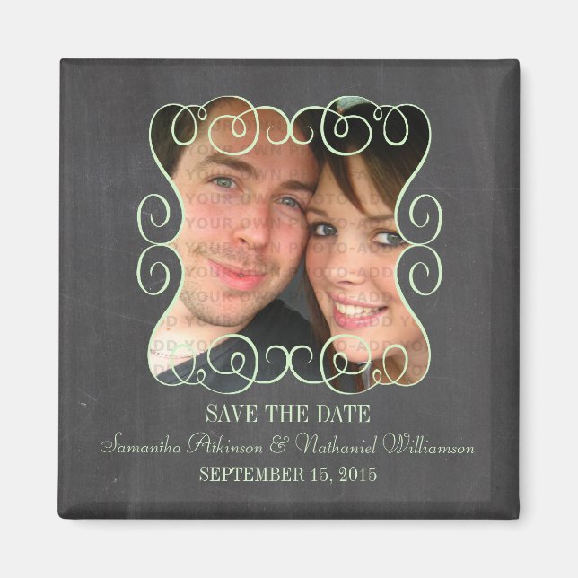 Swirls Chalkboard Photo Save the Date Magnet (Front)