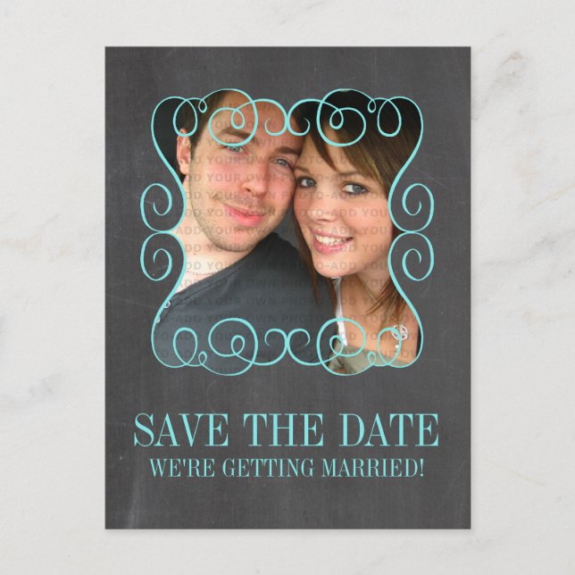 Swirls Chalkboard Photo Save the Date Postcard (Front)