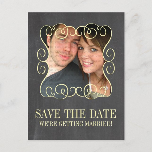 Swirls Chalkboard Photo Save the Date Postcard (Front)