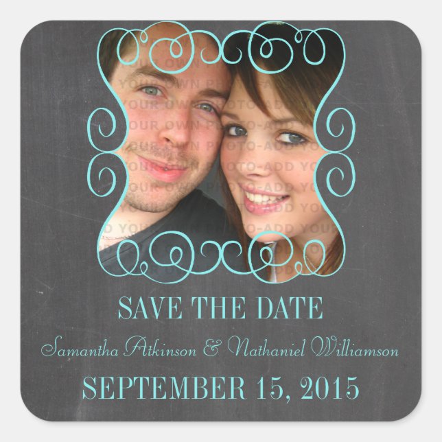 Swirls Chalkboard Photo Save the Date Stickers (Front)