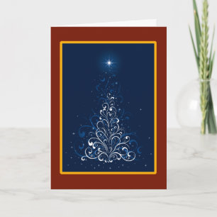 Swirls Christmas Tree in Blue Christmas Card