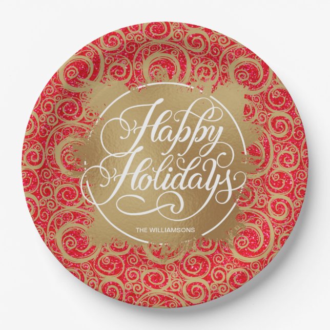 Swirls Faux Foil Holiday Christmas Red Glitter Paper Plates (Front)