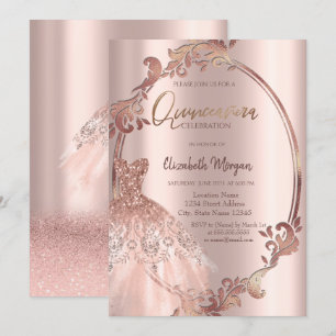 Swirls Frame Rose Gold Glitter Dress Quinceañera Invitation