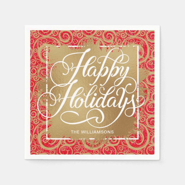 Swirls Gold Faux Foil Happy Holidays on Red Napkins (Front)