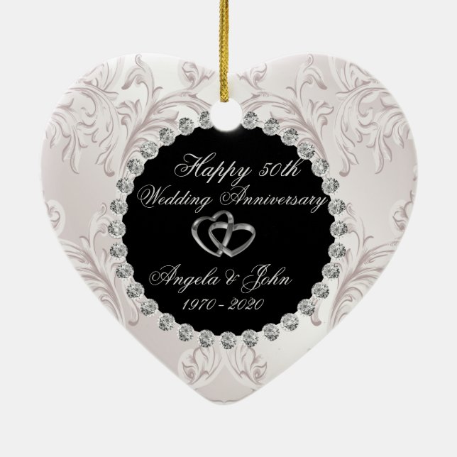 Swirls Hearts Rings 50th Wedding Anniversary Ceramic Ornament (Back)