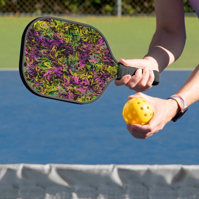 Swirls of Pink Green Yellow on Black Abstract Art Pickleball Paddle (Insitu)