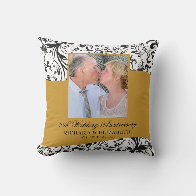Swirls Photo Gold 50th Wedding Anniversary Throw Pillow (Front)