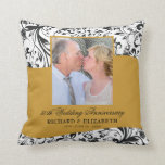 Swirls Photo Gold 50th Wedding Anniversary Throw Pillow<br><div class="desc">This gold 50th wedding anniversary throw pillow features a black swirl damask pattern as the background and a gold stripe across the center. Personalize this elegant anniversary gift with a photo of the couple and their names and wedding date.</div>