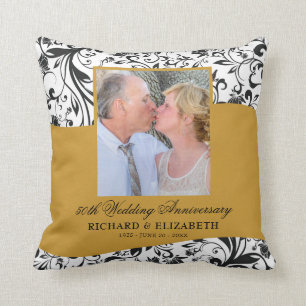 Swirls Photo Gold 50th Wedding Anniversary Throw Pillow