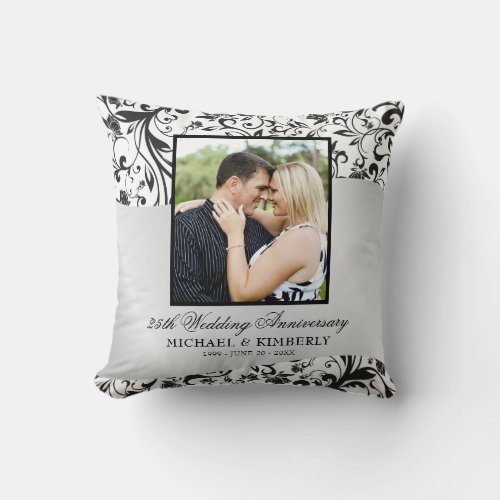 Swirls Photo Silver 25th Wedding Anniversary   Throw Pillow