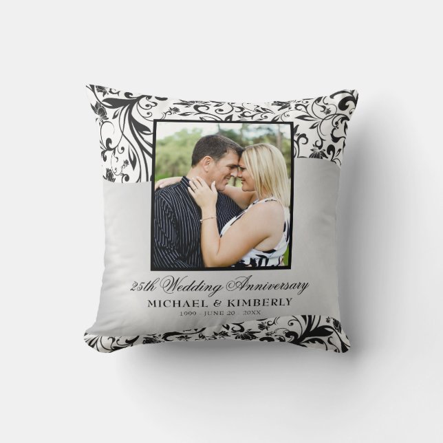 Swirls Photo Silver 25th Wedding Anniversary   Throw Pillow (Front)