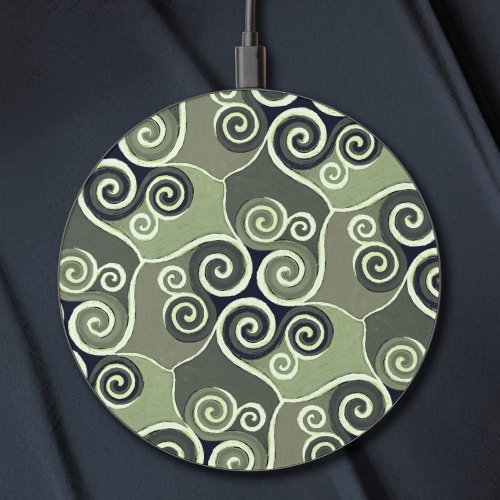    Swirly Abstract Pattern Design Sage Green Artsy Wireless Charger