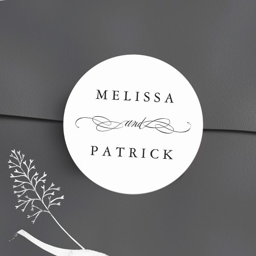 Swirly And Script Wedding Black  White Classic Round Sticker