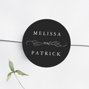 Swirly And Script Wedding Black & White Classic Round Sticker